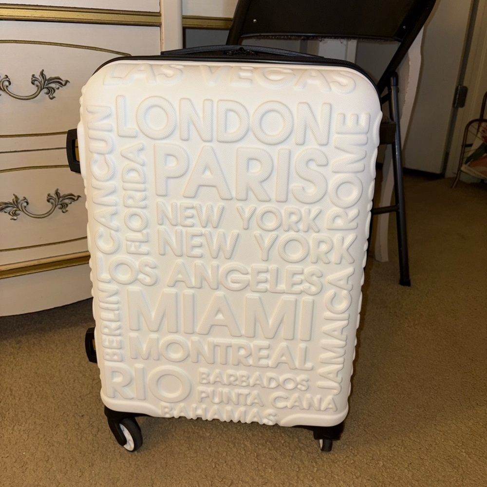 White Embossed City Names Suitcase